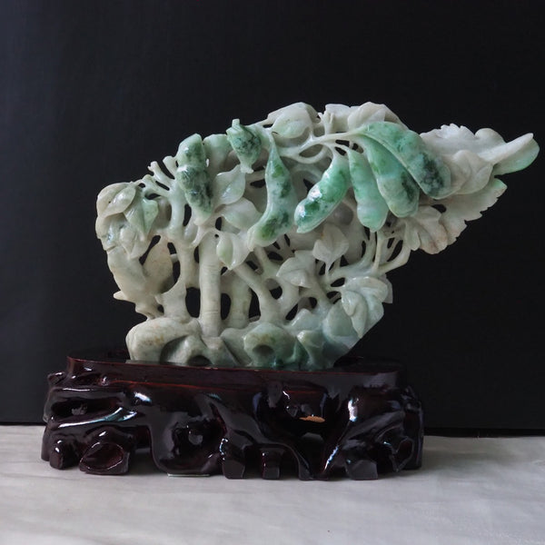 Auspicious Spring Jadeite Carving (on Wooden Base)