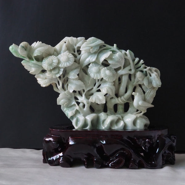 Auspicious Spring Jadeite Carving (on Wooden Base)